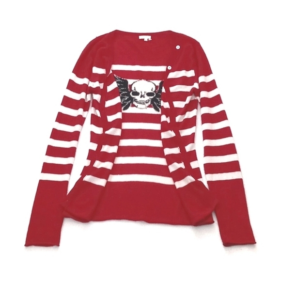 *Relisted* Cashmere & Silk Red White Stripe Long Sleeve Cardigan Skull on Back S - Picture 13 of 14